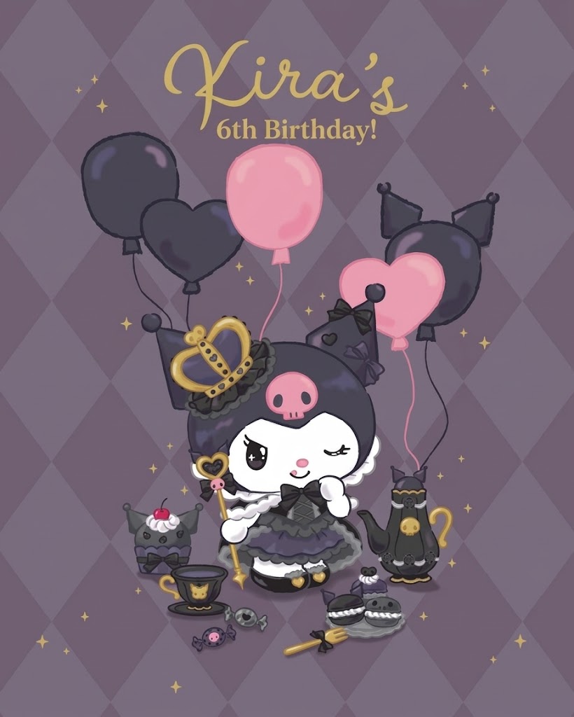 Kira's 6th Birthday! A gothic tea-party illustration with pink and black balloons, sweets and a teapot on a plum diamond background.
