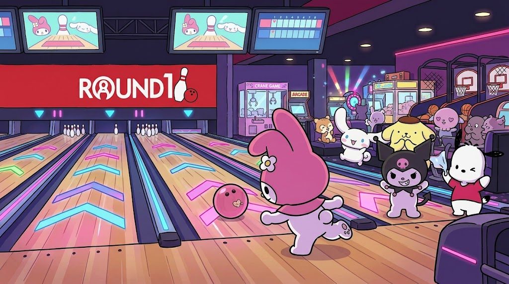 Friends bowling and playing arcade games at Round 1